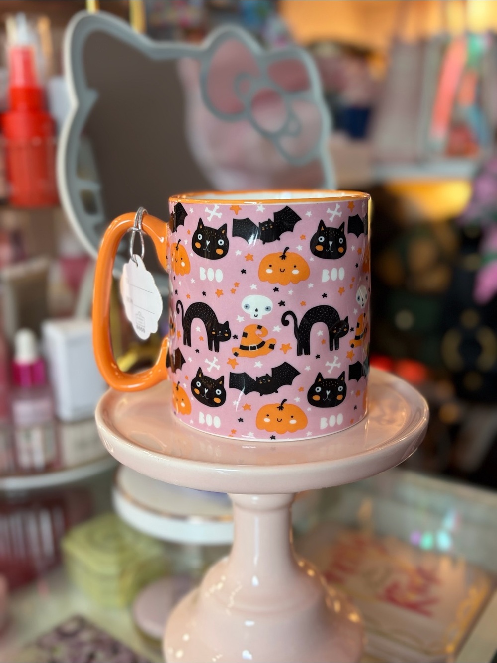 Pink Halloween Cat & Pumpkin Mug with Orange Handle
